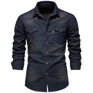 Like New Men’s Vintage Washed Distressed Denim Long Sleeve Button Down Shirt